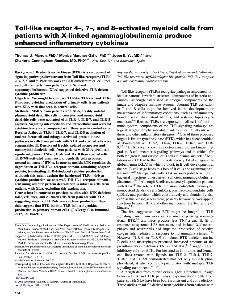 Toll-like receptor 4-, 7-, and 8-activated myeloid cells from patients with X-linked agammaglobulinemia produce enhanced inflammatory cytokines