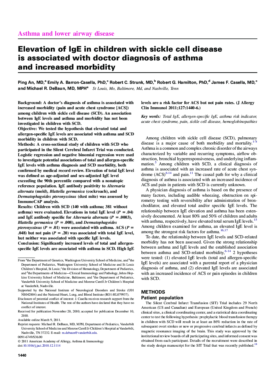 Elevation of IgE in children with sickle cell disease is associated with doctor diagnosis of asthma and increased morbidity 