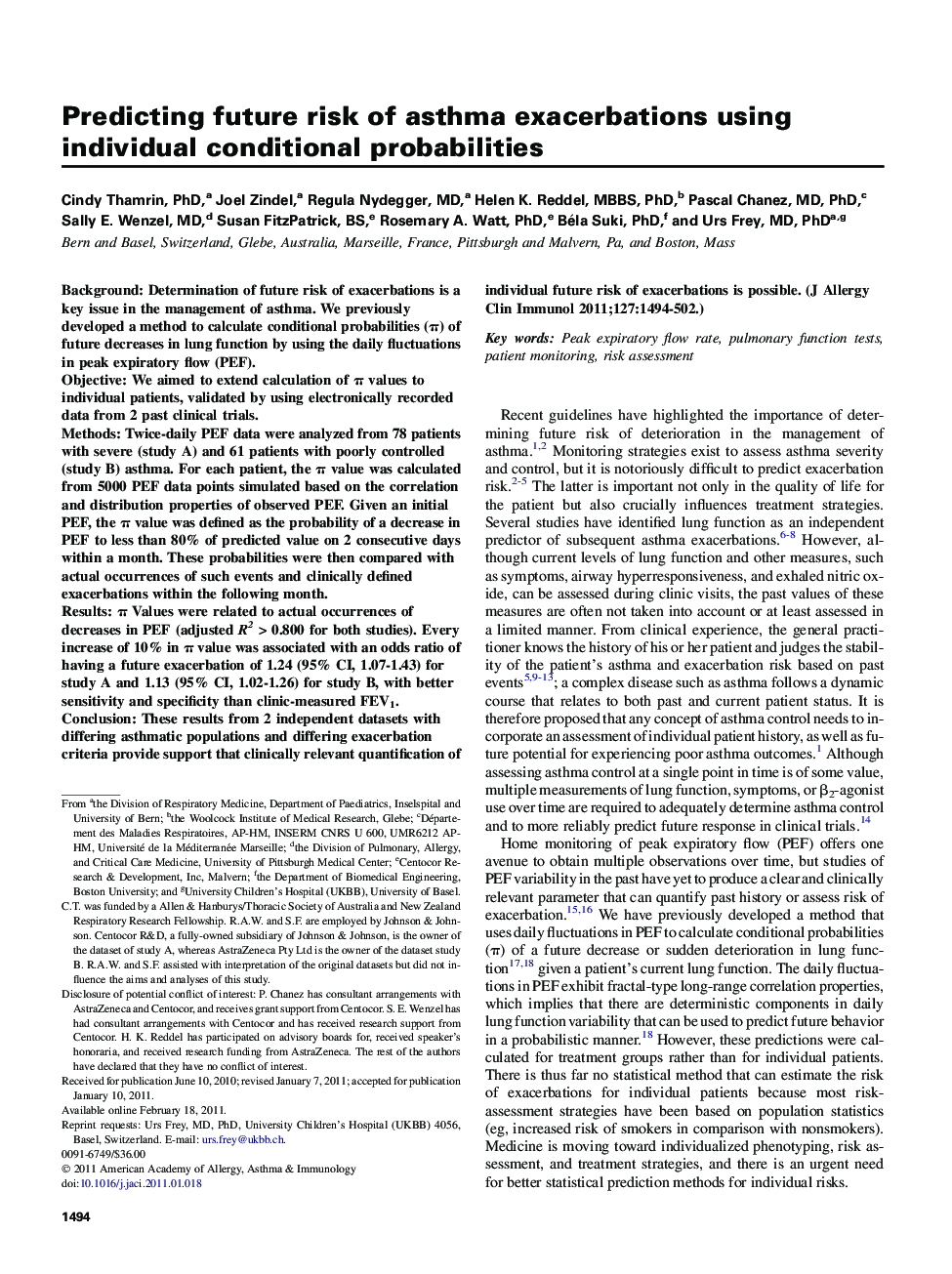 Predicting future risk of asthma exacerbations using individual conditional probabilities