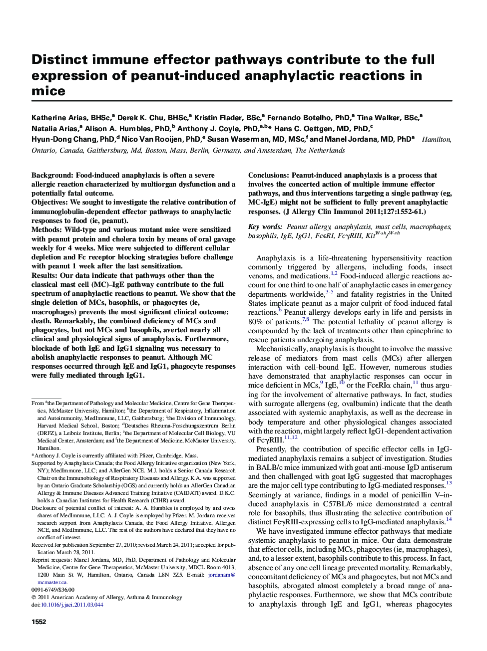 Distinct immune effector pathways contribute to the full expression of peanut-induced anaphylactic reactions in mice