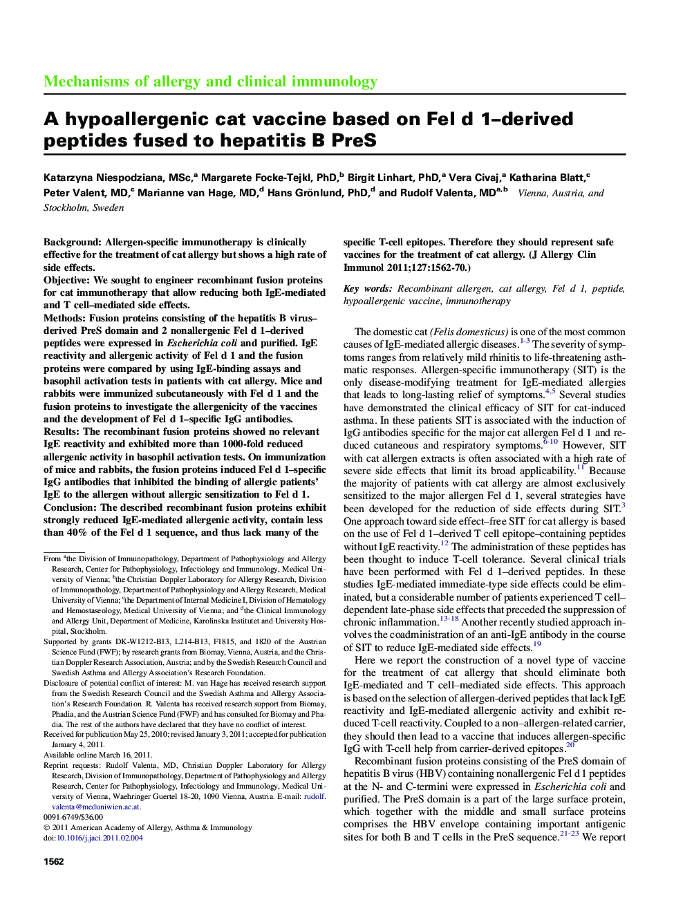 A hypoallergenic cat vaccine based on Fel d 1-derived peptides fused to hepatitis B PreS