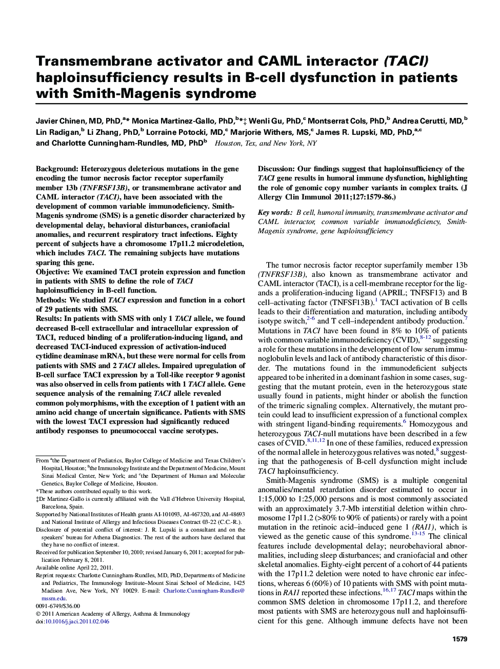 Transmembrane activator and CAML interactor (TACI) haploinsufficiency results in B-cell dysfunction in patients with Smith-Magenis syndrome 