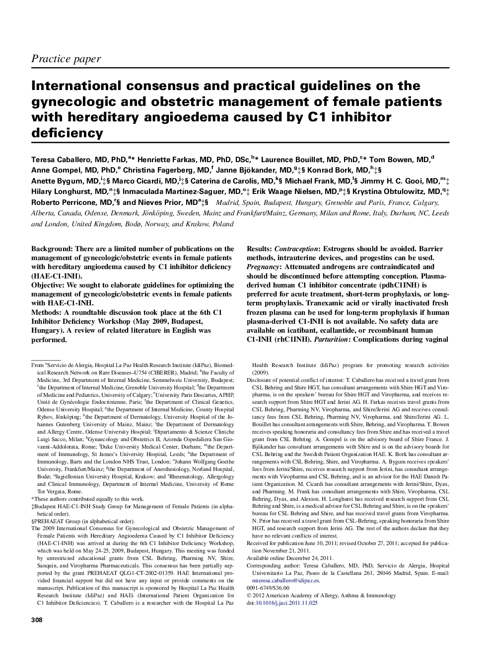 International consensus and practical guidelines on the gynecologic and obstetric management of female patients with hereditary angioedema caused by C1 inhibitor deficiency 