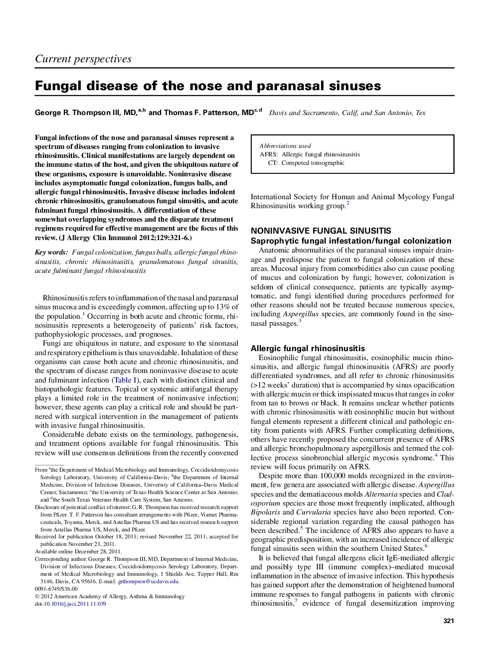 Fungal disease of the nose and paranasal sinuses 