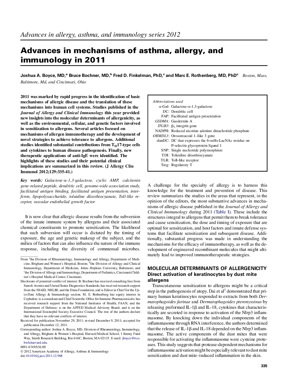 Advances in mechanisms of asthma, allergy, and immunology in 2011 