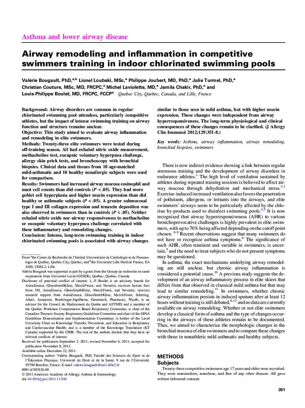 Airway remodeling and inflammation in competitive swimmers training in indoor chlorinated swimming pools