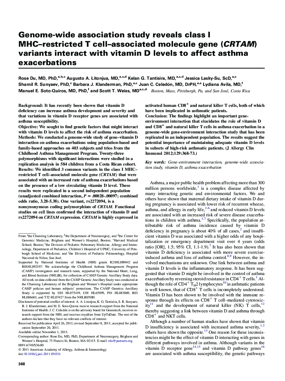 Genome-wide association study reveals class I MHC-restricted T cell-associated molecule gene (CRTAM) variants interact with vitamin D levels to affect asthma exacerbations