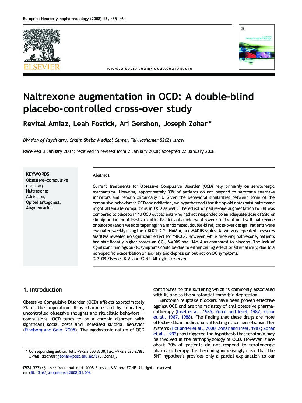 Naltrexone augmentation in OCD: A double-blind placebo-controlled cross-over study