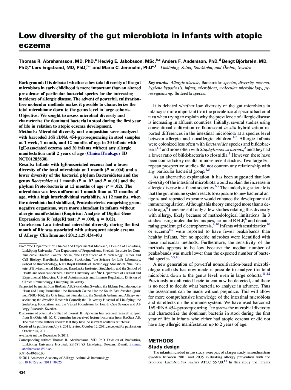 Low diversity of the gut microbiota in infants with atopic eczema