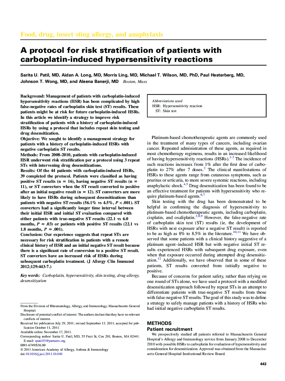 A protocol for risk stratification of patients with carboplatin-induced hypersensitivity reactions 