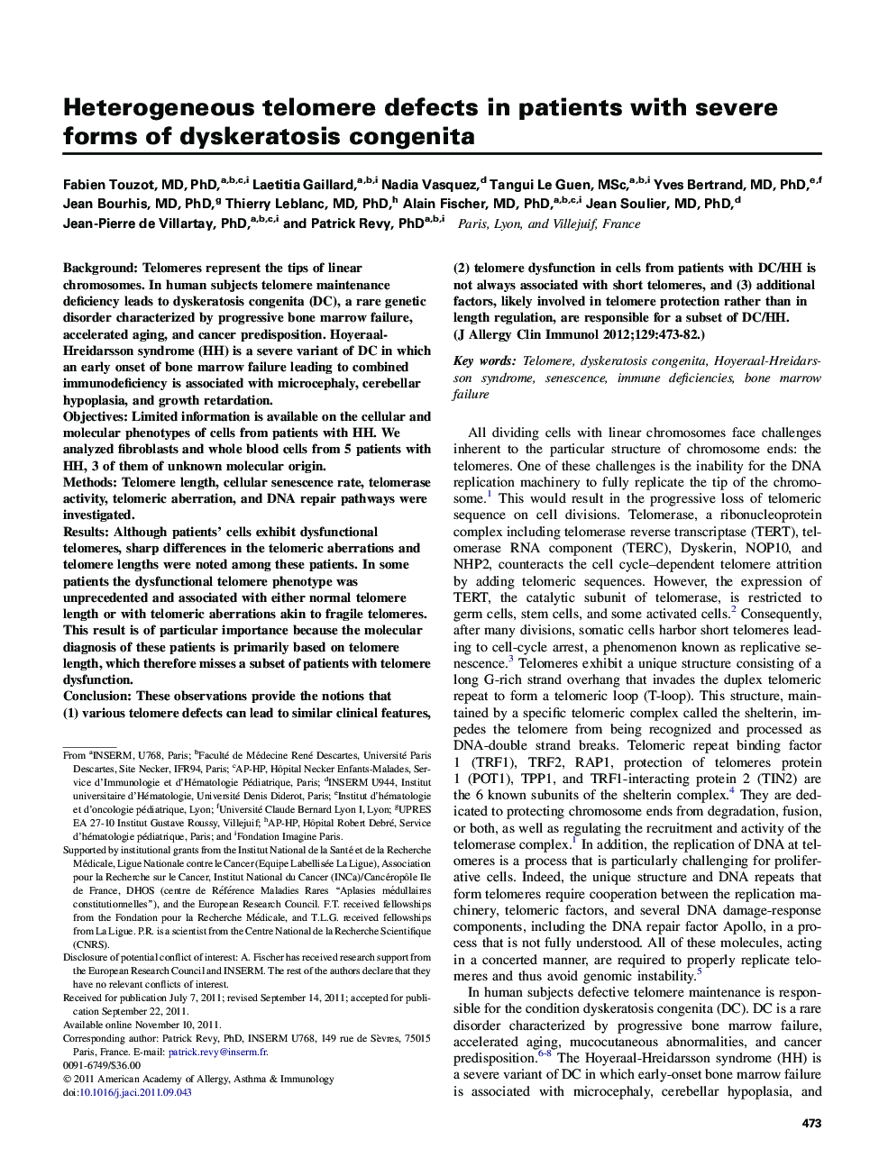 Heterogeneous telomere defects in patients with severe forms of dyskeratosis congenita