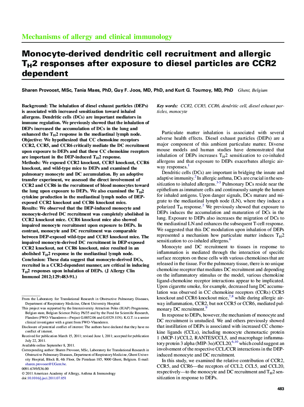 Monocyte-derived dendritic cell recruitment and allergic TH2 responses after exposure to diesel particles are CCR2 dependent 