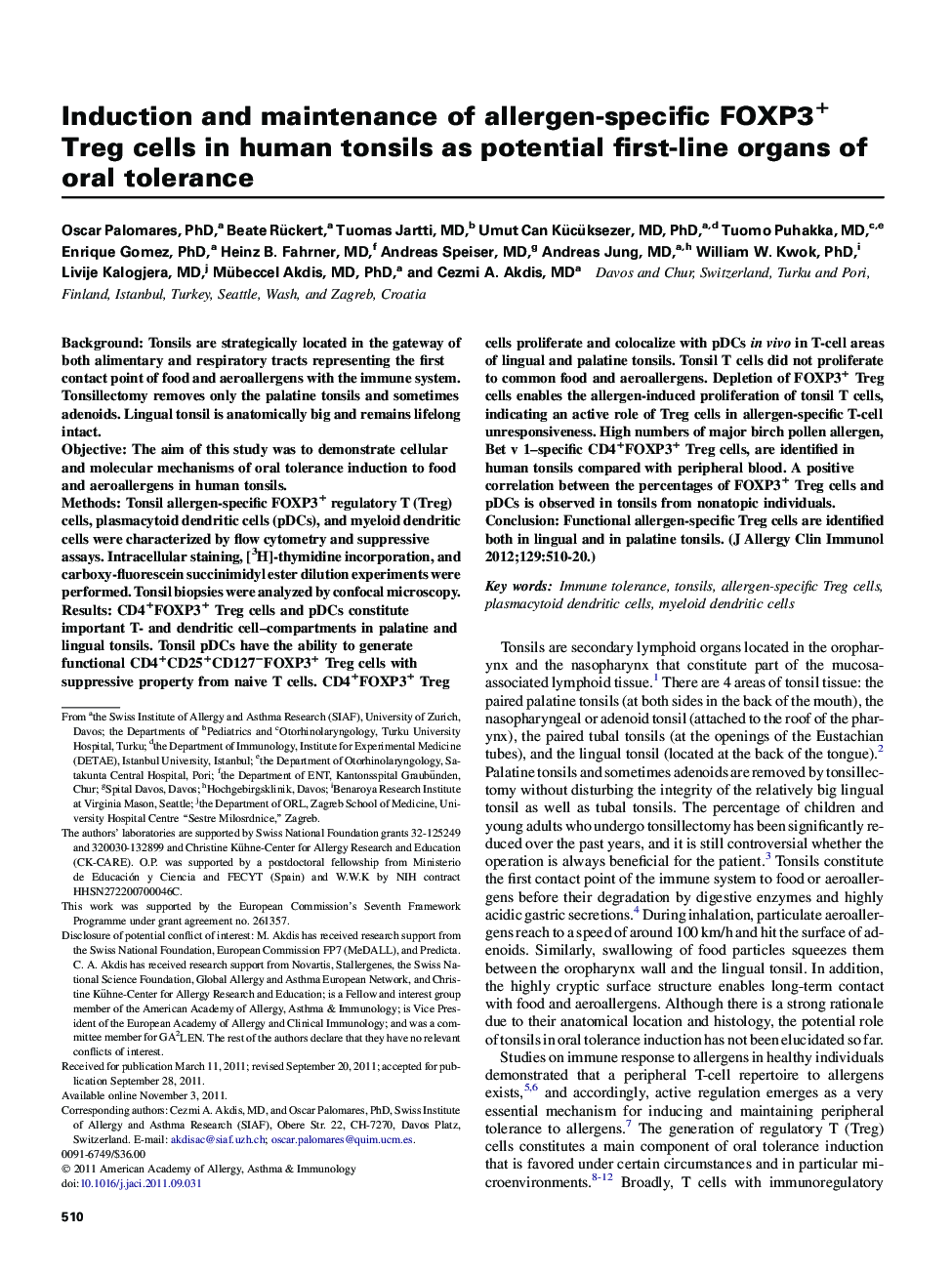 Induction and maintenance of allergen-specific FOXP3+ Treg cells in human tonsils as potential first-line organs of oral tolerance