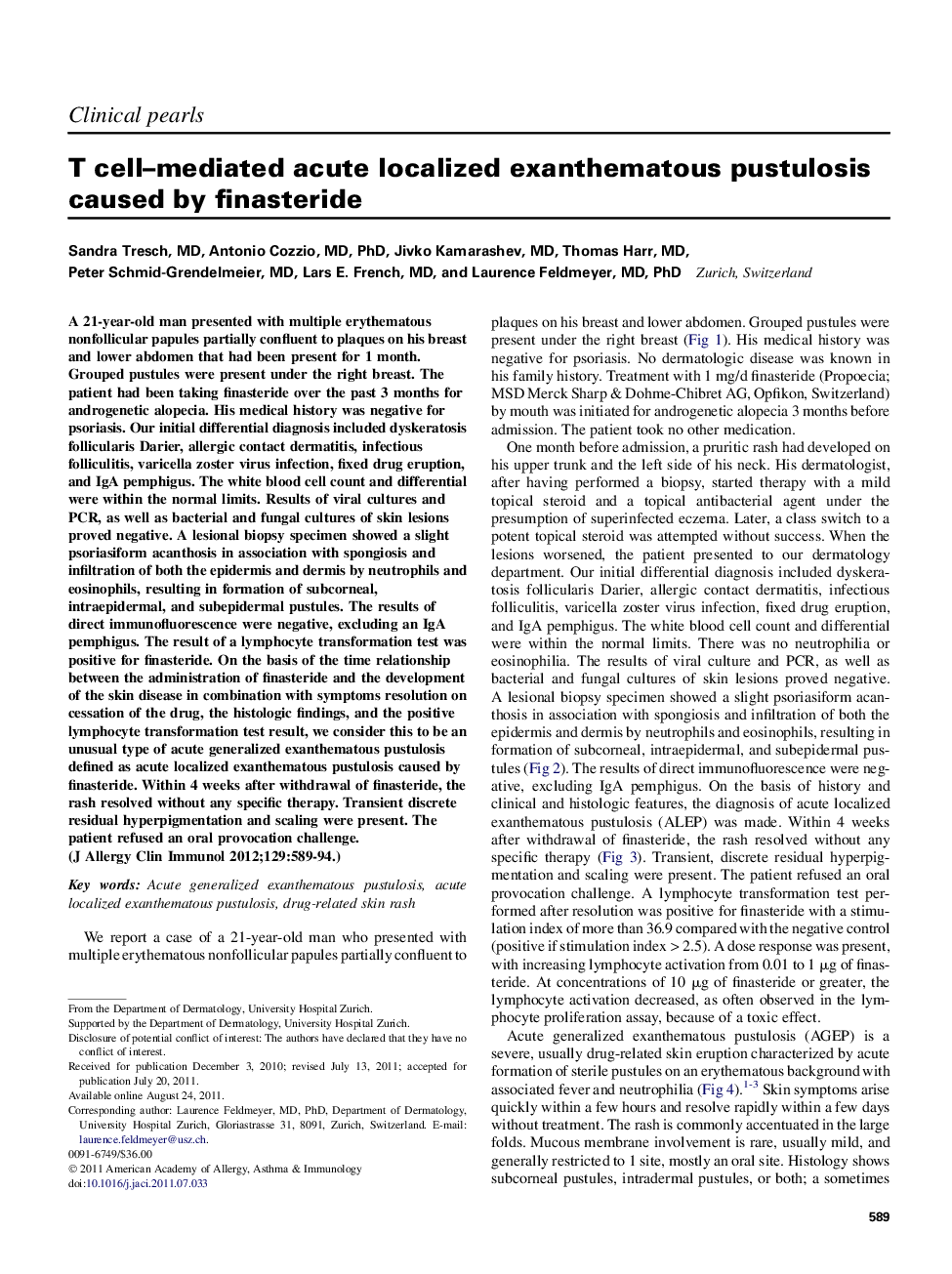 T cell–mediated acute localized exanthematous pustulosis caused by finasteride 