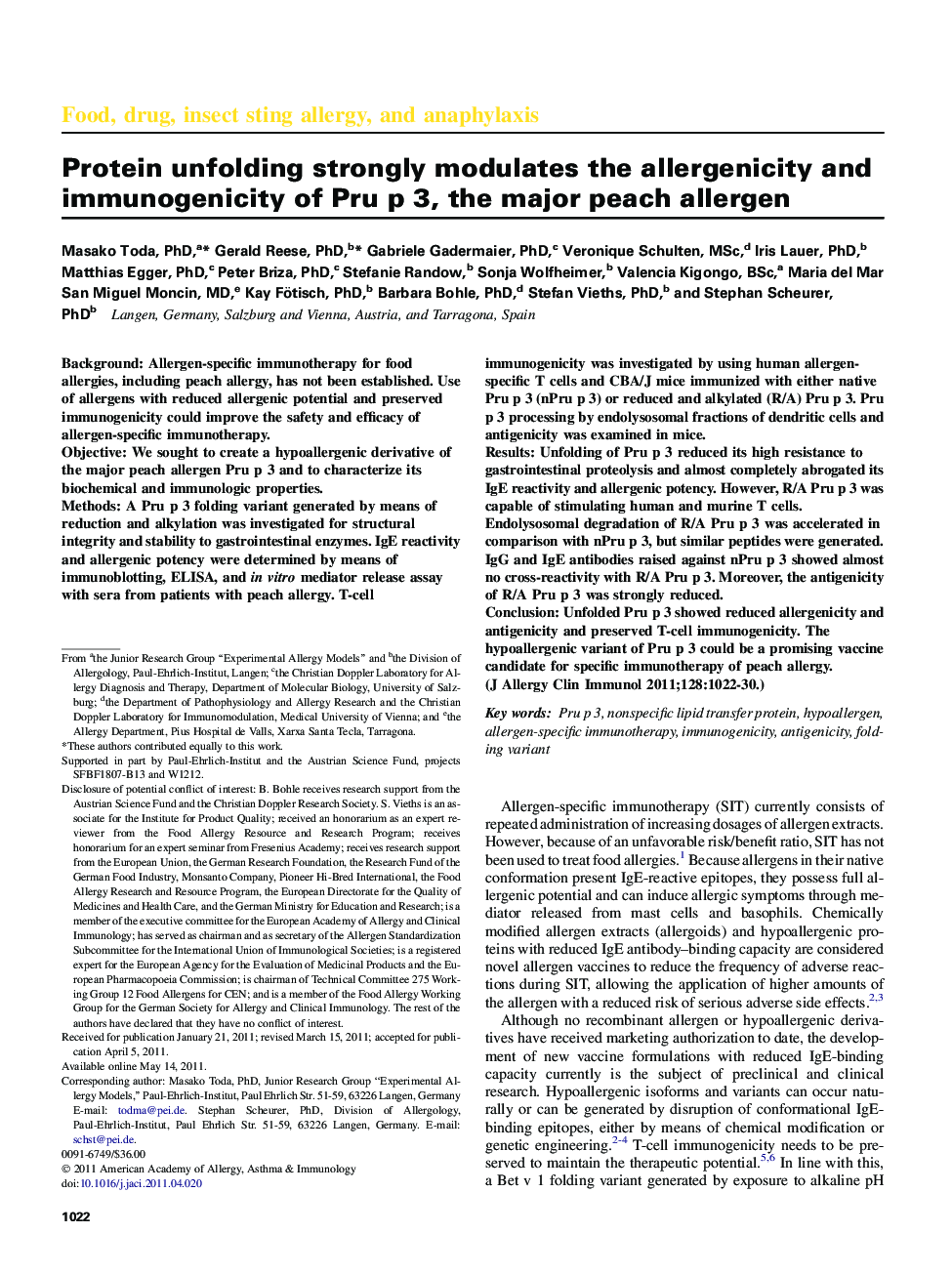 Protein unfolding strongly modulates the allergenicity and immunogenicity of Pru p 3, the major peach allergen