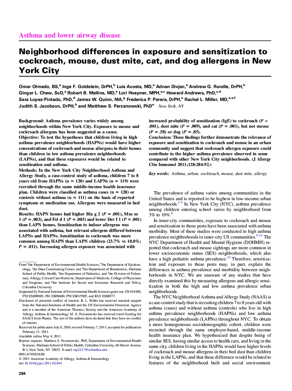 Neighborhood differences in exposure and sensitization to cockroach, mouse, dust mite, cat, and dog allergens in New York City