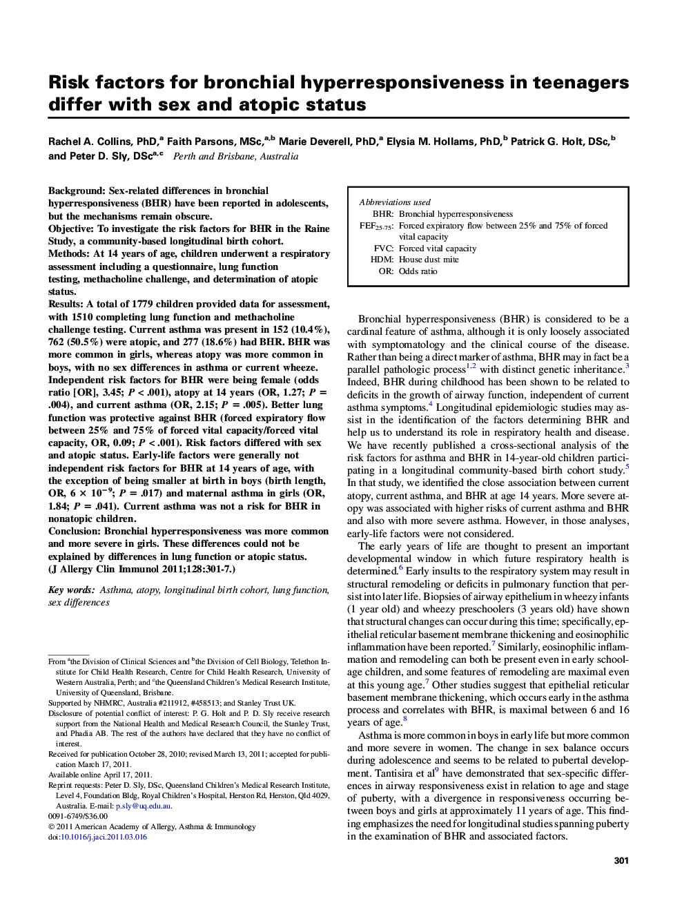 Risk factors for bronchial hyperresponsiveness in teenagers differ with sex and atopic status