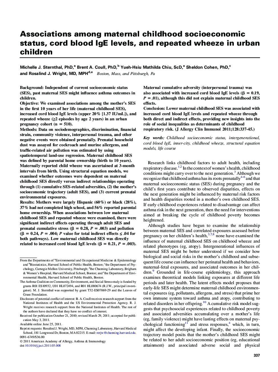 Associations among maternal childhood socioeconomic status, cord blood IgE levels, and repeated wheeze in urban children