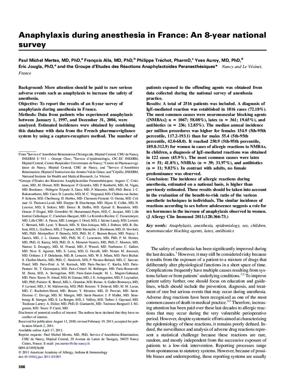 Anaphylaxis during anesthesia in France: An 8-year national survey 