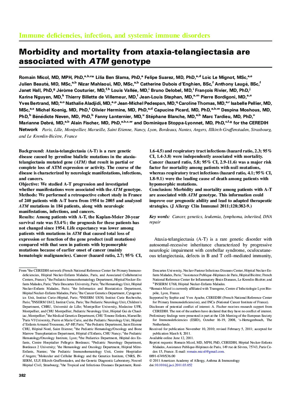 Morbidity and mortality from ataxia-telangiectasia are associated with ATM genotype