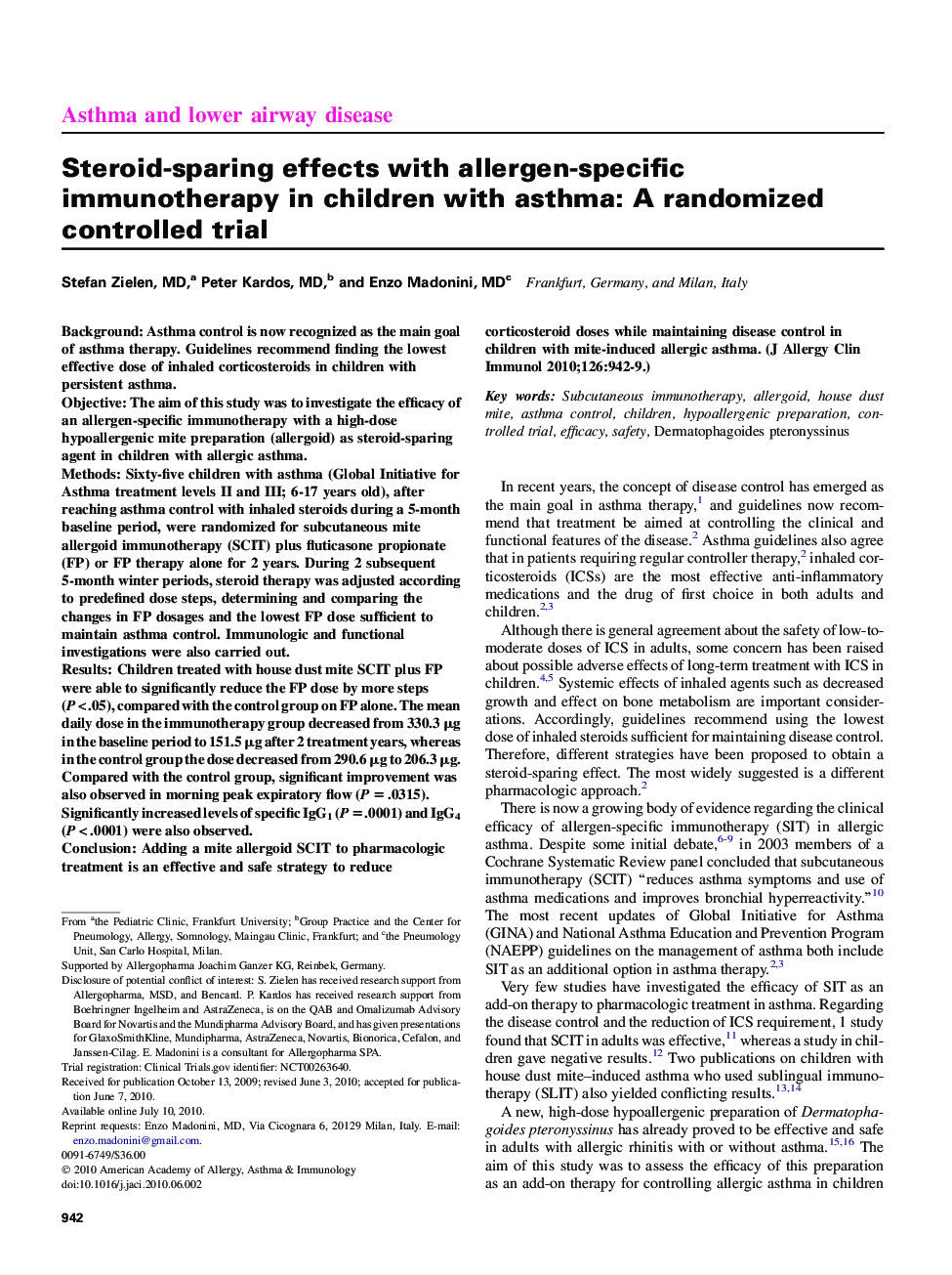Steroid-sparing effects with allergen-specific immunotherapy in children with asthma: A randomized controlled trial 