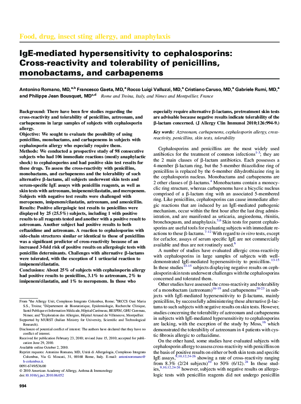 IgE-mediated hypersensitivity to cephalosporins: Cross-reactivity and tolerability of penicillins, monobactams, and carbapenems 