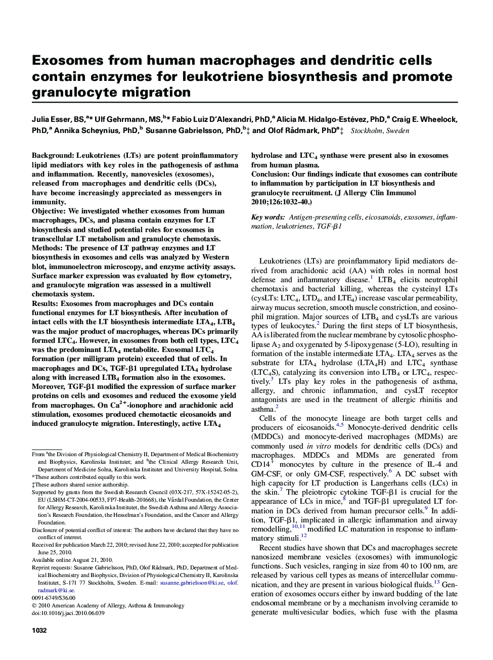 Exosomes from human macrophages and dendritic cells contain enzymes for leukotriene biosynthesis and promote granulocyte migration