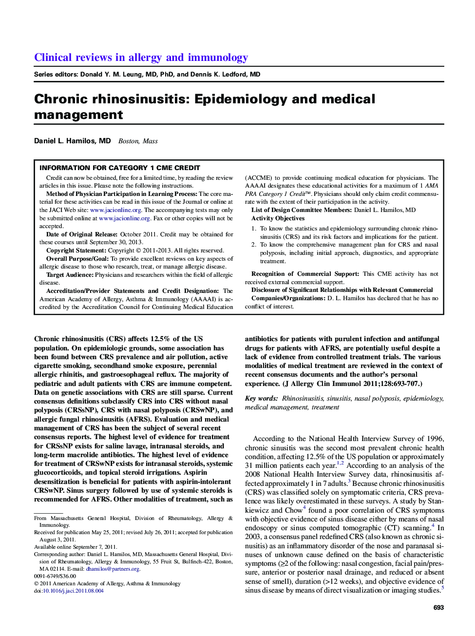 Chronic rhinosinusitis: Epidemiology and medical management 