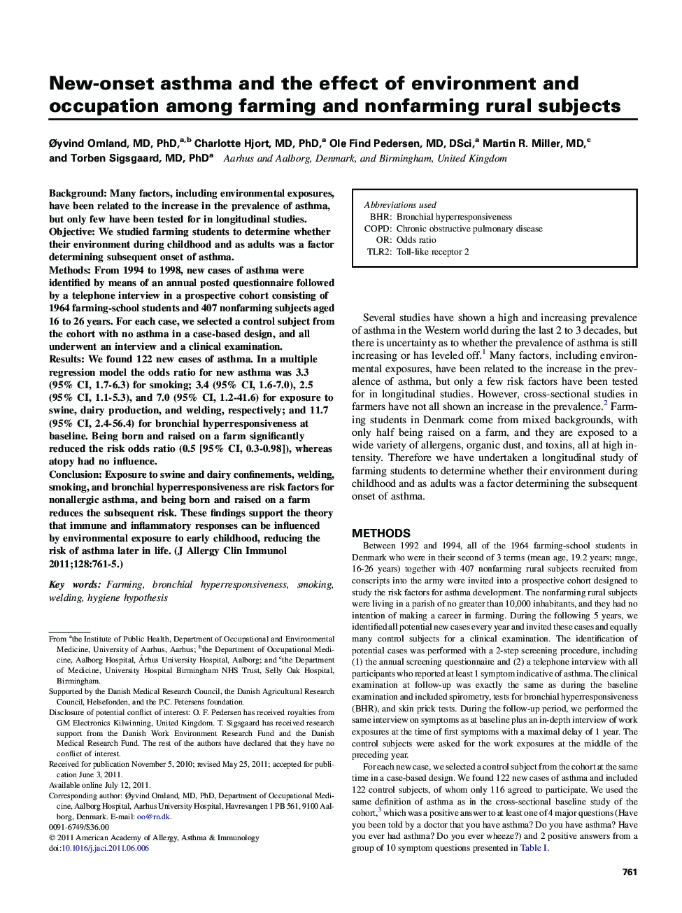 New-onset asthma and the effect of environment and occupation among farming and nonfarming rural subjects 