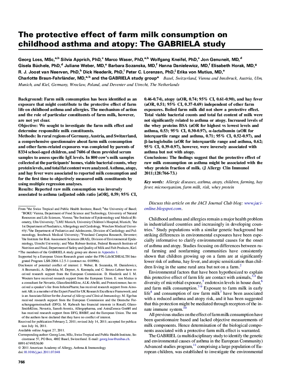 The protective effect of farm milk consumption on childhood asthma and atopy: The GABRIELA study