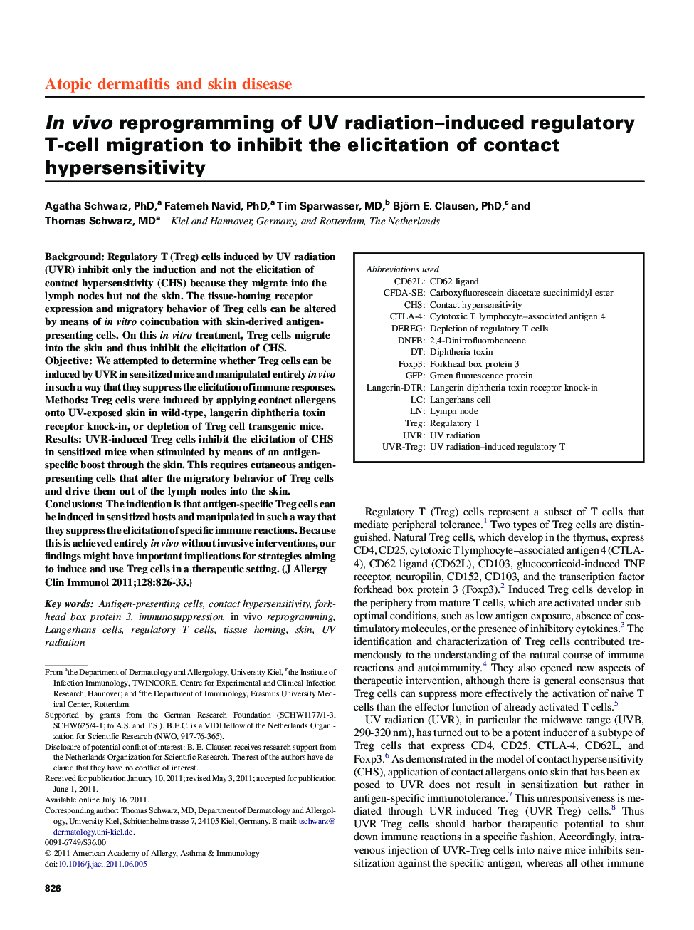 In vivo reprogramming of UV radiation–induced regulatory T-cell migration to inhibit the elicitation of contact hypersensitivity 