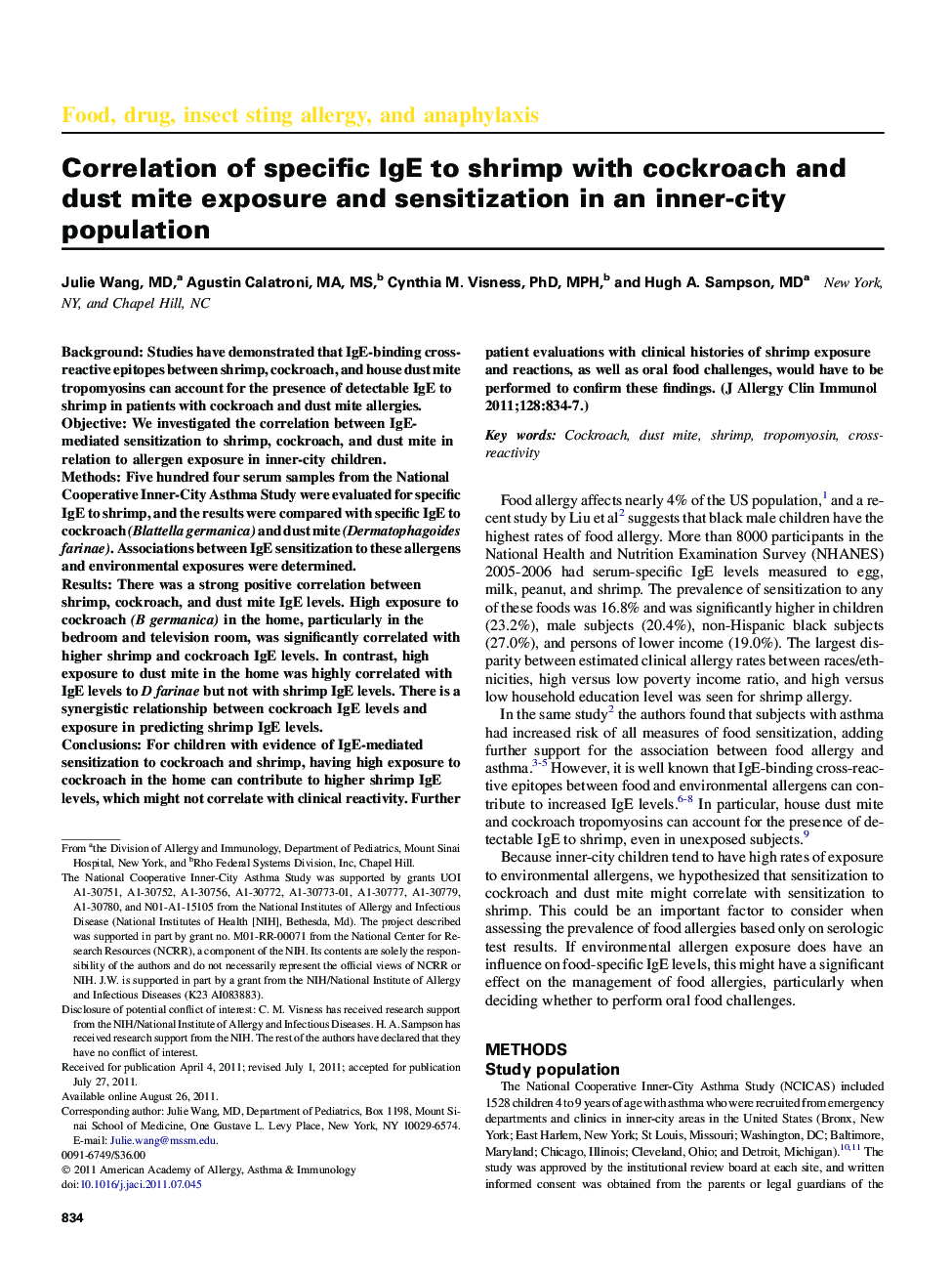 Correlation of specific IgE to shrimp with cockroach and dust mite exposure and sensitization in an inner-city population 