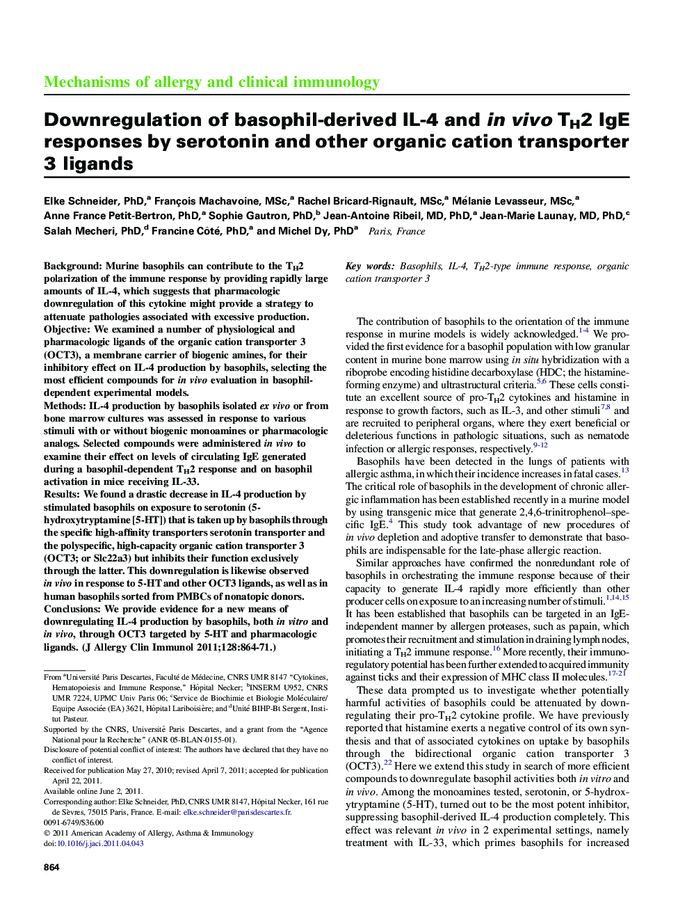 Downregulation of basophil-derived IL-4 and inÂ vivo TH2 IgE responses by serotonin and other organic cation transporter 3 ligands