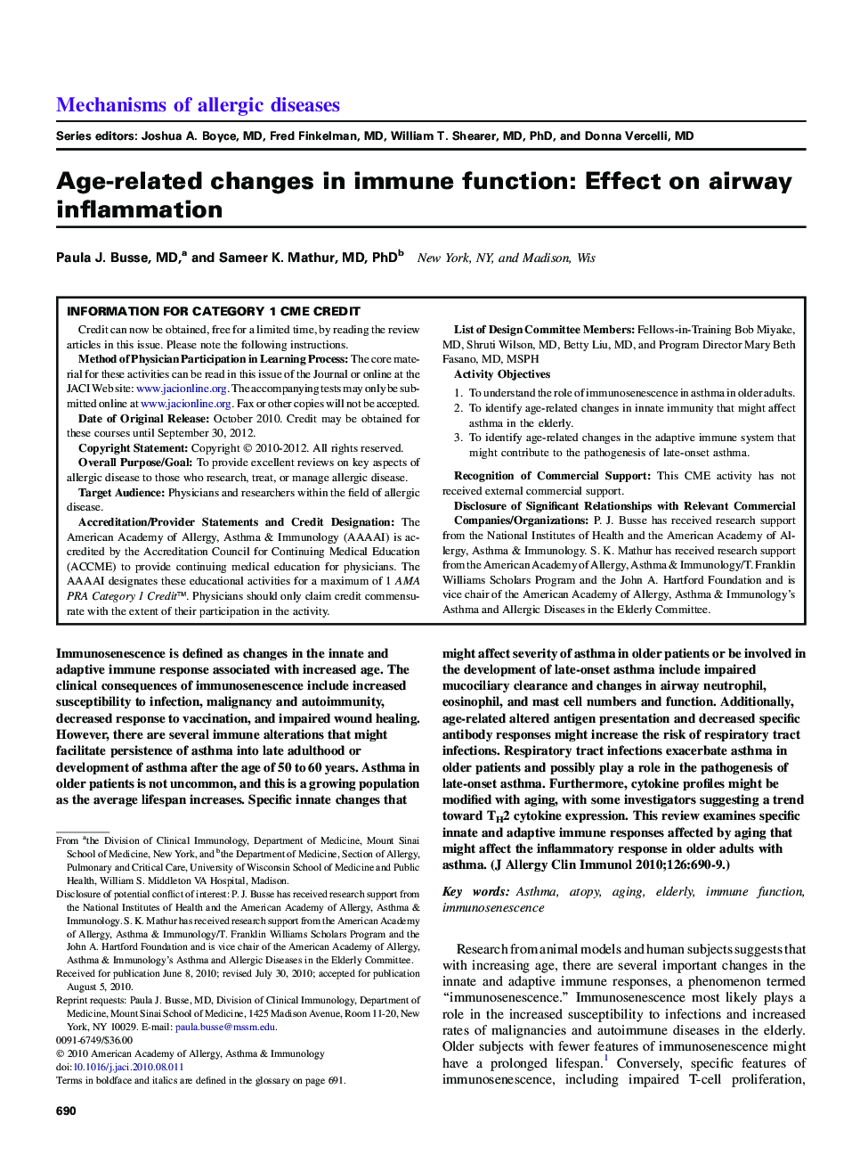 Age-related changes in immune function: Effect on airway inflammation 