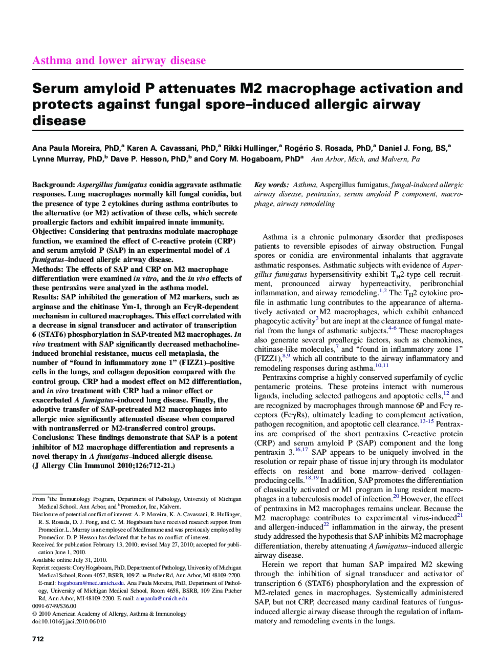 Serum amyloid P attenuates M2 macrophage activation and protects against fungal spore-induced allergic airway disease