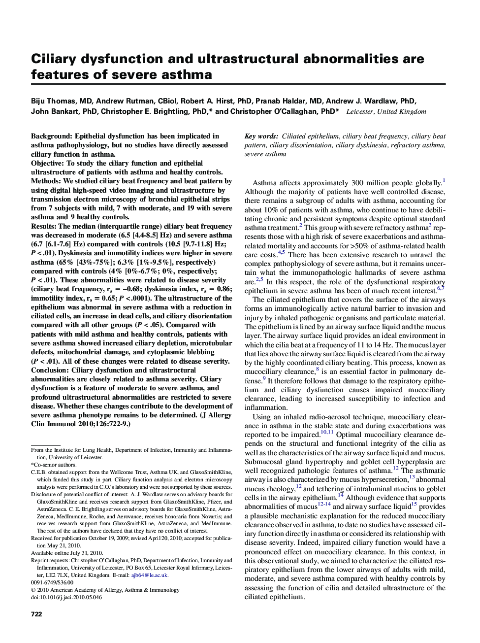 Ciliary dysfunction and ultrastructural abnormalities are features of severe asthma