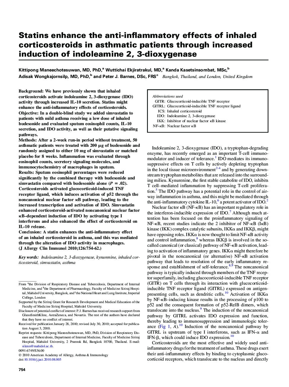 Statins enhance the anti-inflammatory effects of inhaled corticosteroids in asthmatic patients through increased induction of indoleamine 2, 3-dioxygenase