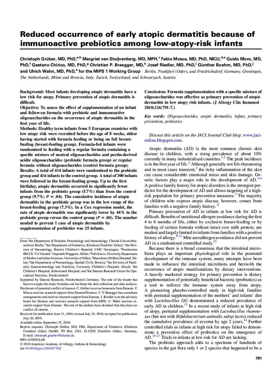 Reduced occurrence of early atopic dermatitis because of immunoactive prebiotics among low-atopy-risk infants 