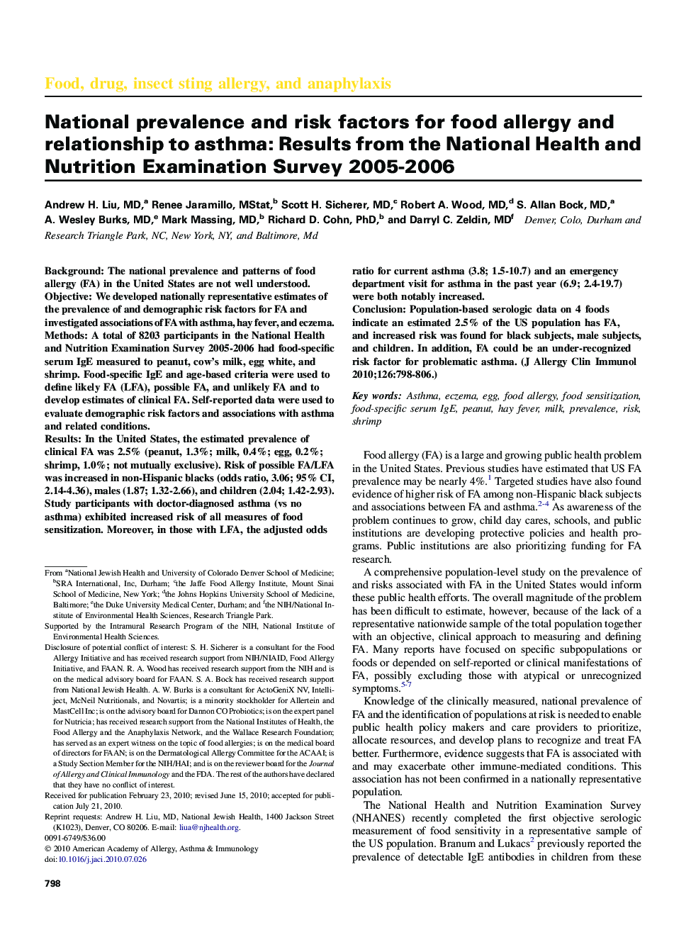 National prevalence and risk factors for food allergy and relationship to asthma: Results from the National Health and Nutrition Examination Survey 2005-2006