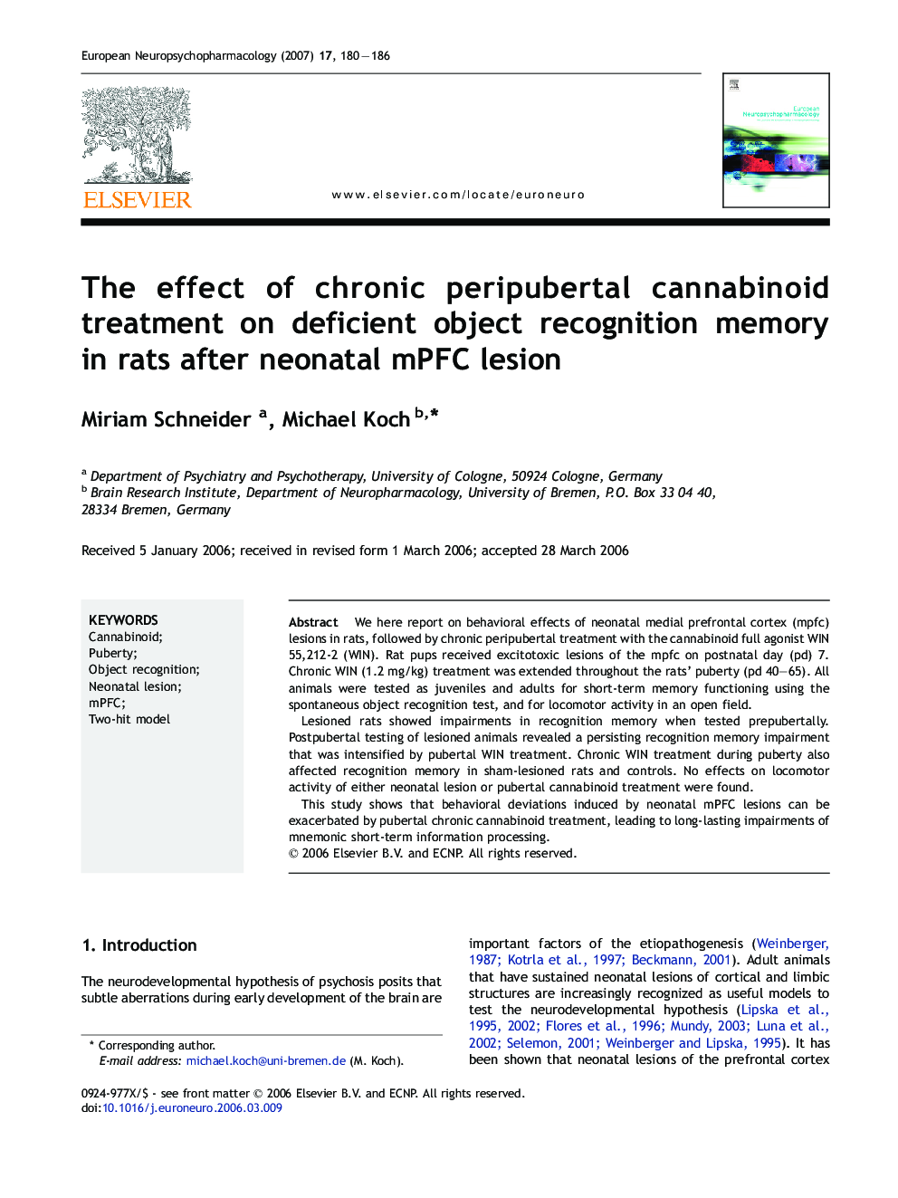 The effect of chronic peripubertal cannabinoid treatment on deficient object recognition memory in rats after neonatal mPFC lesion