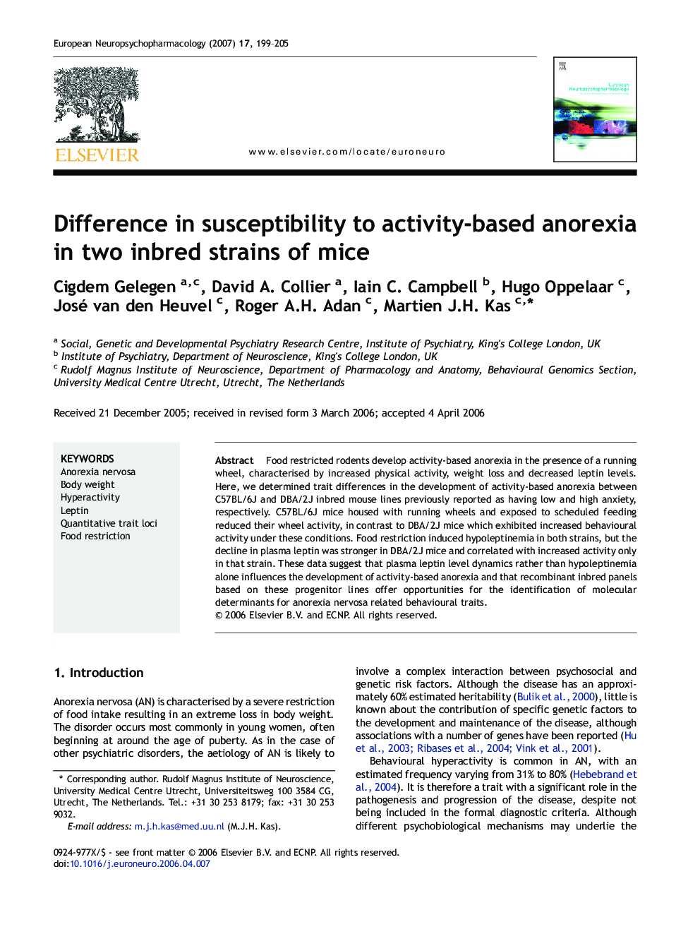 Difference in susceptibility to activity-based anorexia in two inbred strains of mice