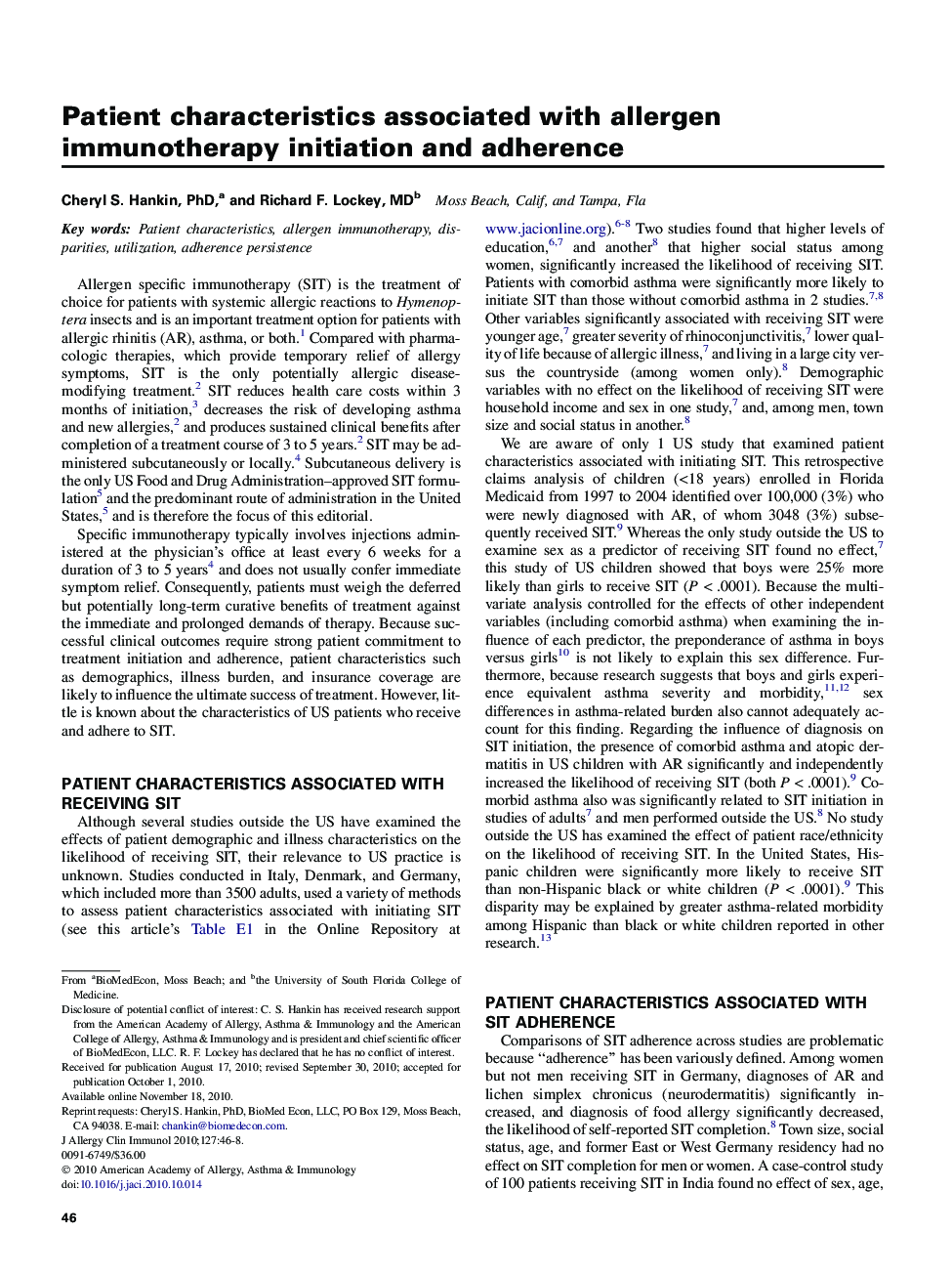 Patient characteristics associated with allergen immunotherapy initiation and adherence