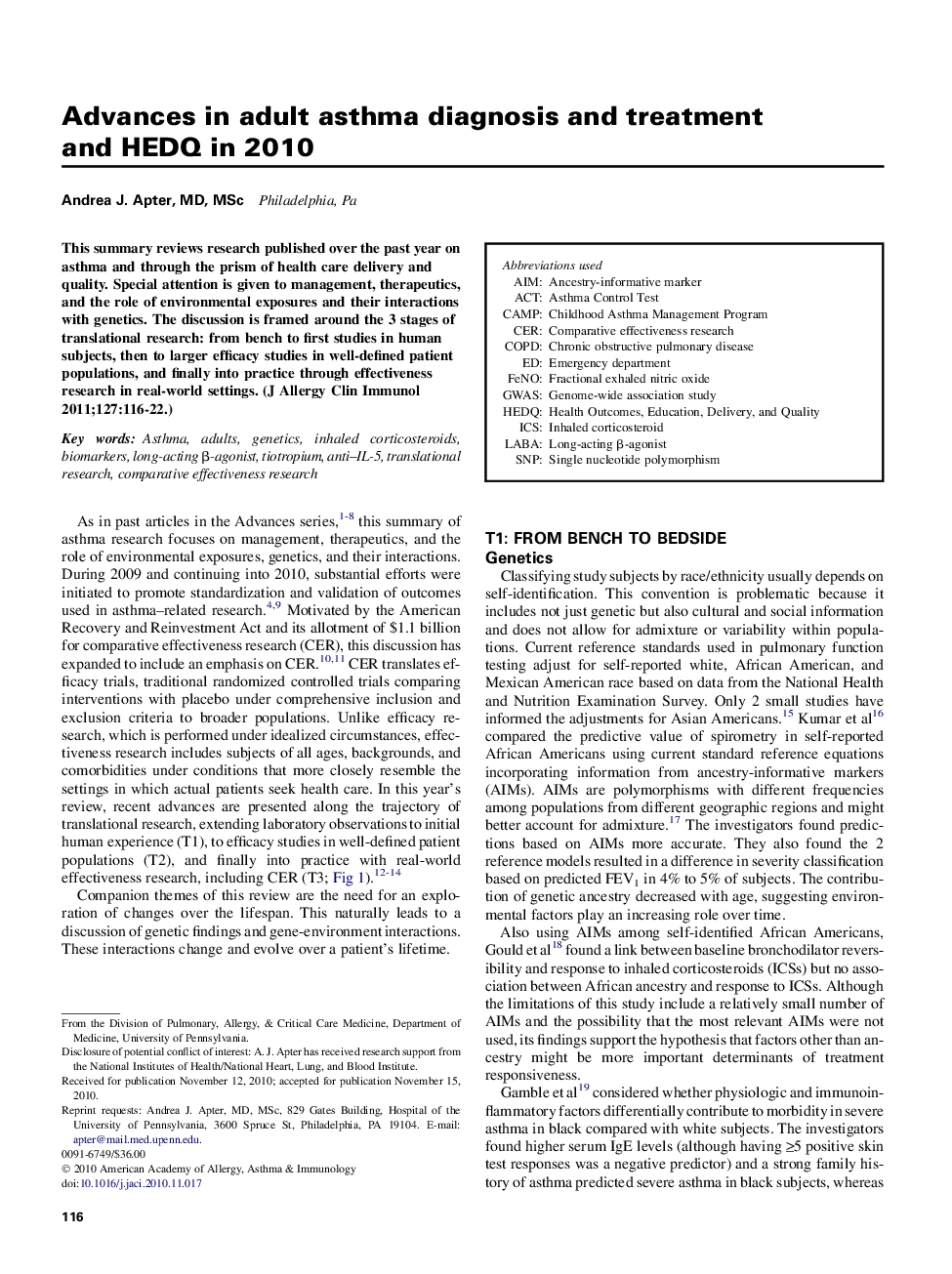 Advances in adult asthma diagnosis and treatment and HEDQ in 2010 