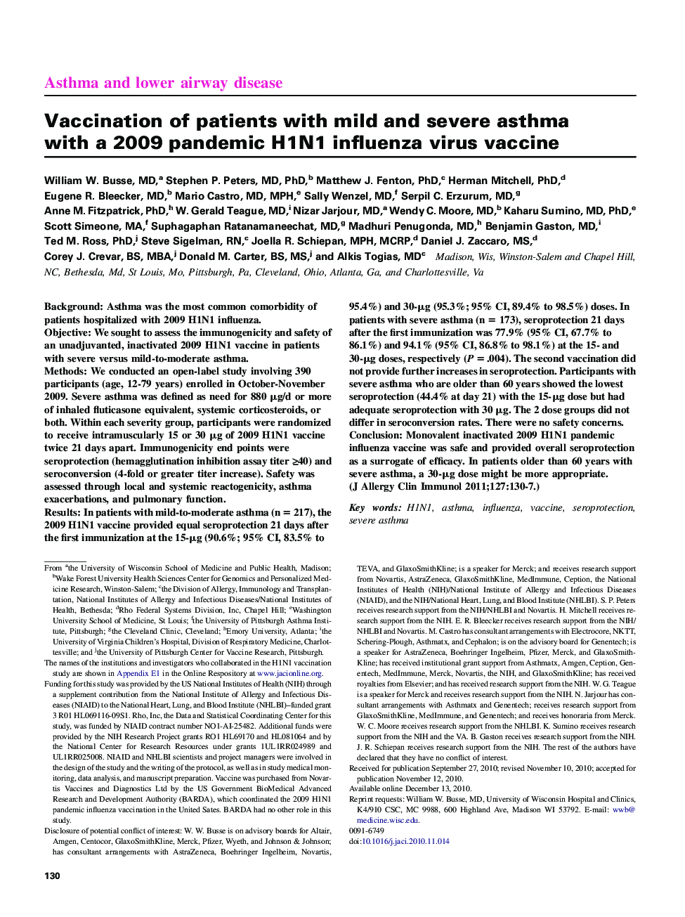 Vaccination of patients with mild and severe asthma with a 2009 pandemic H1N1 influenza virus vaccine