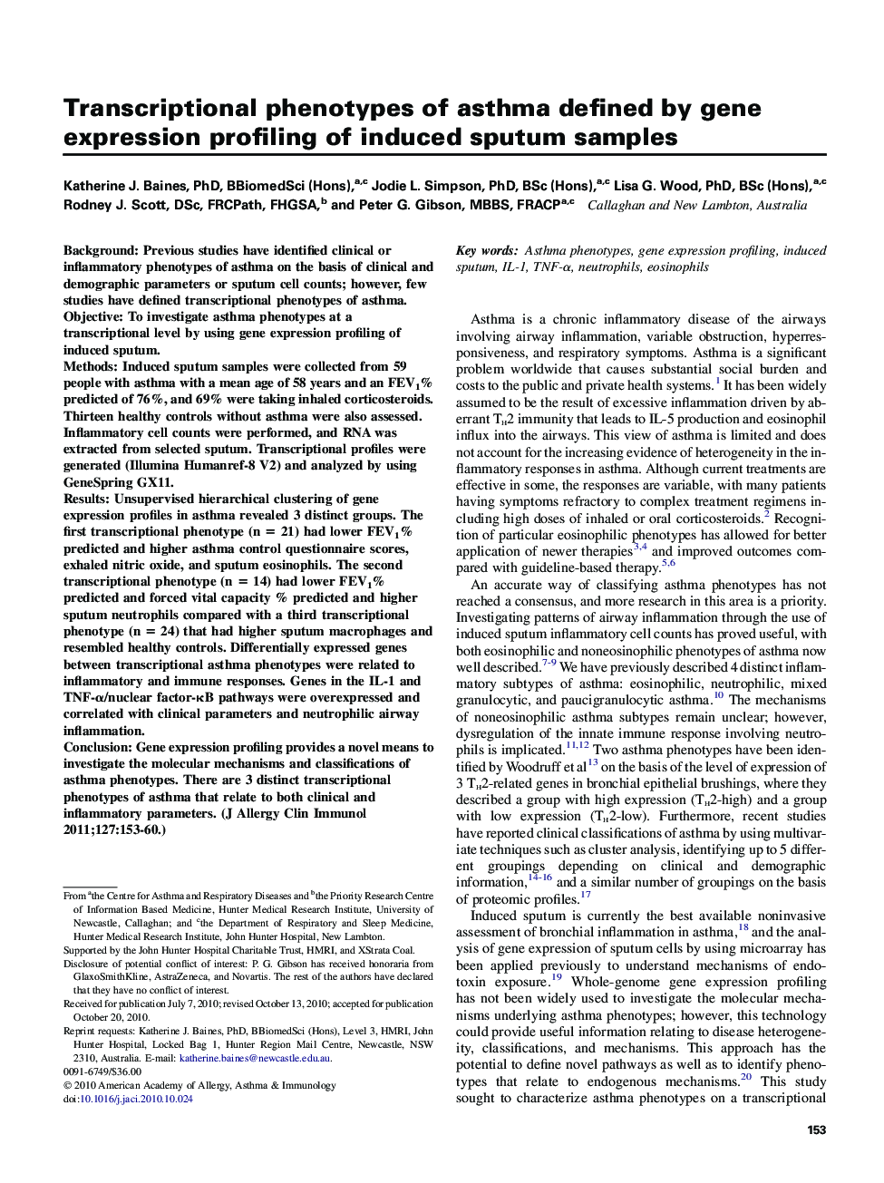 Transcriptional phenotypes of asthma defined by gene expression profiling of induced sputum samples