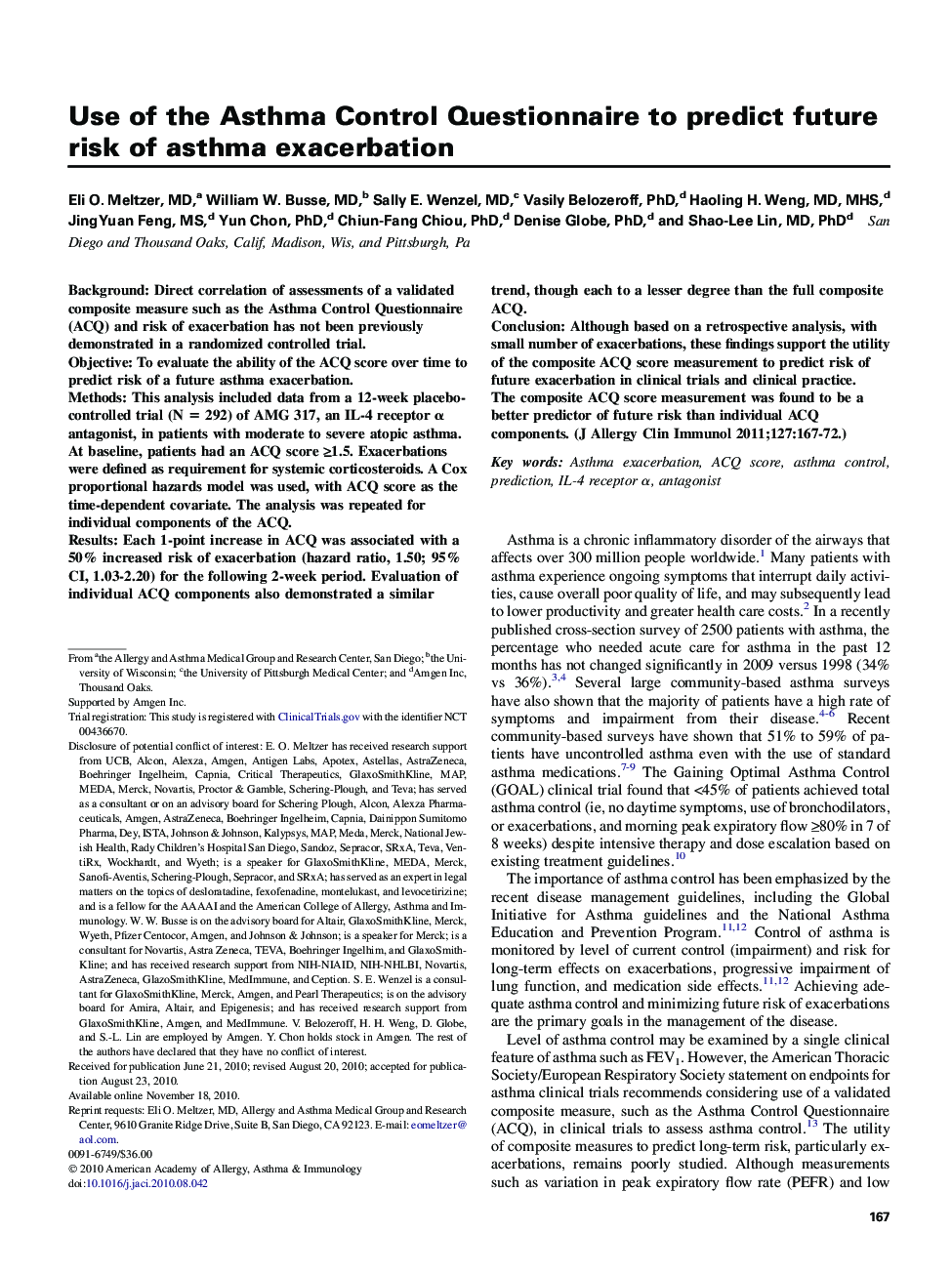 Use of the Asthma Control Questionnaire to predict future risk of asthma exacerbation 