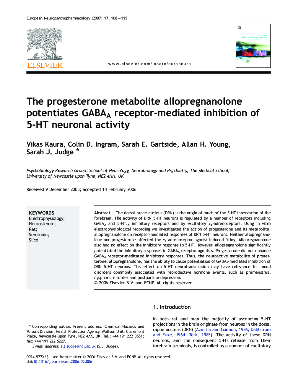 The progesterone metabolite allopregnanolone potentiates GABAA receptor-mediated inhibition of 5-HT neuronal activity