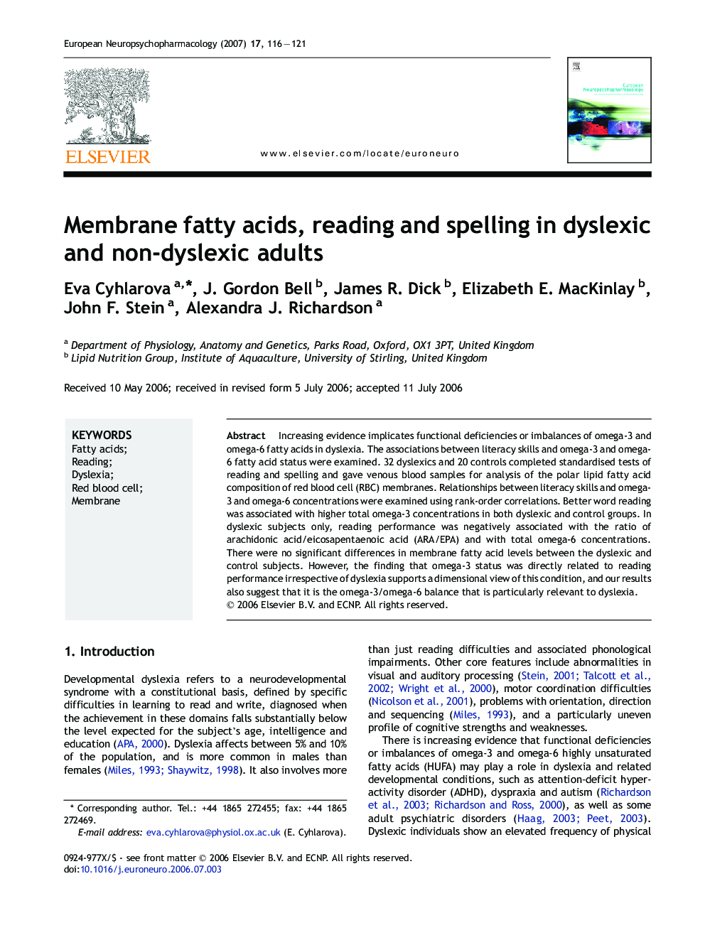 Membrane fatty acids, reading and spelling in dyslexic and non-dyslexic adults