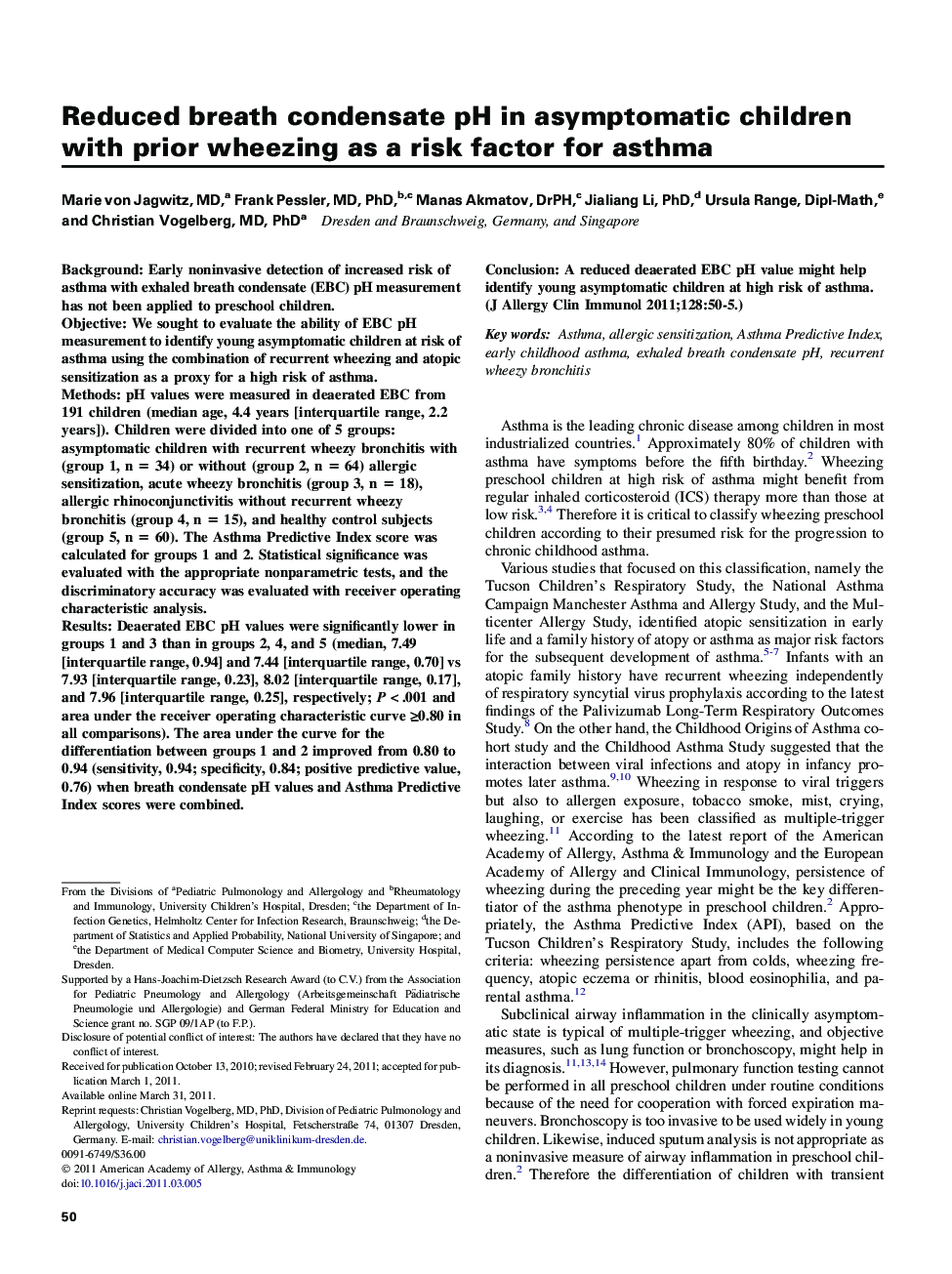 Reduced breath condensate pH in asymptomatic children with prior wheezing as a risk factor for asthma