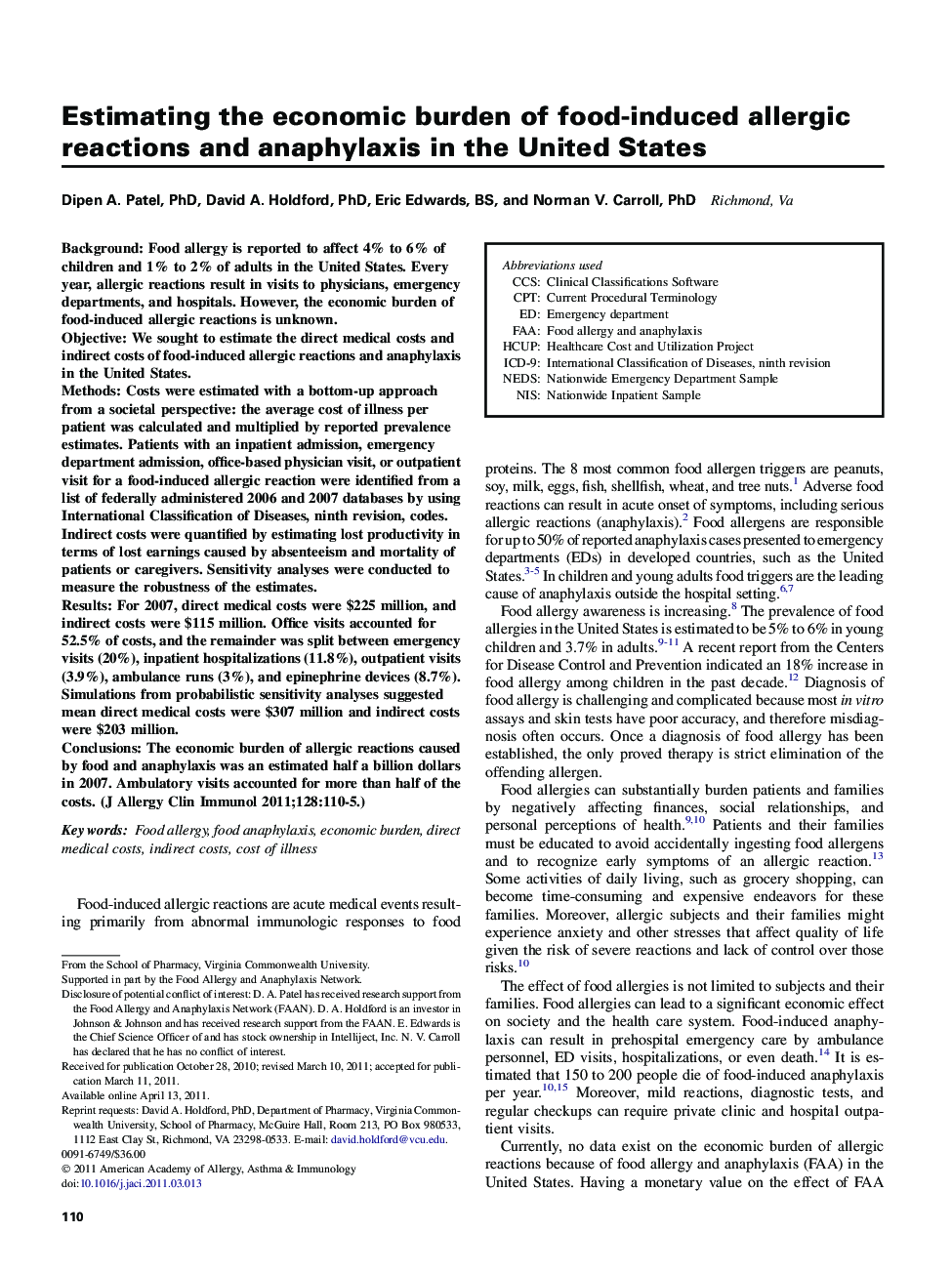 Estimating the economic burden of food-induced allergic reactions and anaphylaxis in the United States